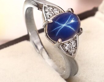 Blue Star Sapphire Ring, Moissanite, 925 Sterling Silver, Dainty Ring.