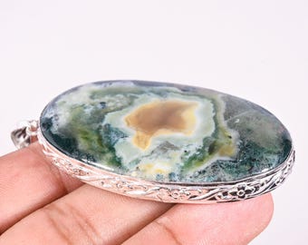 Natural Moss Agate Pendant For Gift- Sterling Silver Gemstone Necklace- Oval Shape Stone