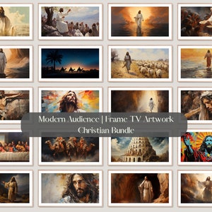 Puede incluir: Un collage de 16 pinturas de temática cristiana con imágenes de Jesucristo, incluyendo escenas de la Biblia como la Última Cena, el Sermón de la Montaña y la crucifixión. Las pinturas son de diversos estilos, desde realistas hasta abstractas, y todas están enmarcadas en un estilo moderno.