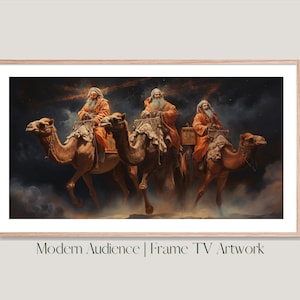 May include: A painting depicting three men riding camels across a desert landscape. The men are wearing orange robes and have long white beards. The camels are brown and have long necks. The background is a dark blue sky with stars.