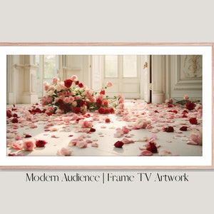 Peut inclure: Un bouquet de roses roses et rouges éparpillées sur un sol blanc dans une pièce blanche avec de grandes fenêtres. Les roses sont sur un sol en marbre blanc. L'image est encadrée dans un cadre en bois clair. "Modern Audience | Frame TV Artwork" est écrit sous le cadre.