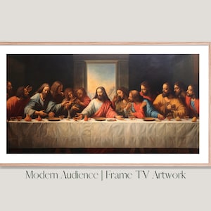 Puede incluir: Obra de arte enmarcada que representa la Última Cena, con Jesús y sus discípulos en una mesa. La pintura tiene una paleta de colores cálidos con figuras con túnicas. El marco es de color claro, y el texto "Modern Audience | Frame TV Artwork" está en la parte inferior.