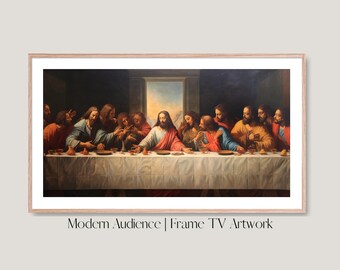May include: Framed artwork depicting the Last Supper, featuring Jesus and his disciples at a table. The painting has a warm color palette with figures in robes. The frame is light-colored, and the text "Modern Audience | Frame TV Artwork" is at the bottom.