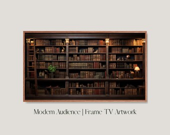 May include: A dark wood framed image of a bookshelf filled with books. The bookshelf has a ladder on the left side and a lamp on the right side. The image is titled "Modern Audience | Frame TV Artwork".