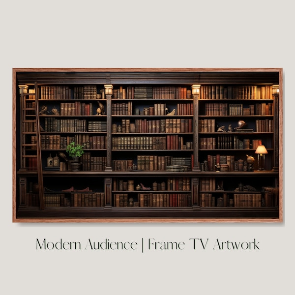 Digital Frame TV Art | Vintage Bookcase | Modern Audience | Vintage Library Scene, Retro Home Decor, Bookshelf Art, Literary Home