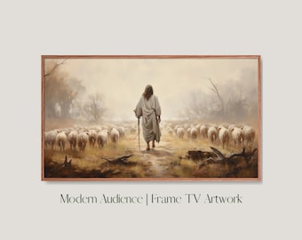 Christelijke Frame TV-kunst voor Samsung Frame TV Digitale download van Jezus Herder van schapen Digitale kunstwerken Olieverfschilderij voor TV Bijbelse kunstwerken