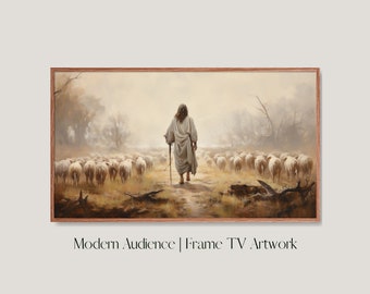 May include: A painting of a man in a white robe walking through a misty forest with a flock of sheep following him. The painting is framed in a wooden frame.