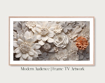 Digital Frame TV Art |  | Neutral Embossed Flowers | Textured Floral Design, Digital Embossed Flower Scene, Modern Textured Art, High-Res