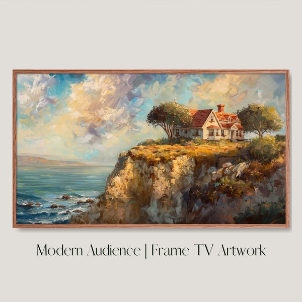 Art mural pour téléviseur Samsung, maison de campagne sur une falaise, tableau représentant une scène d'océan, portrait sur la plage, art industriel pour téléviseur à cadre, décoration de maison, art moderne pour mur