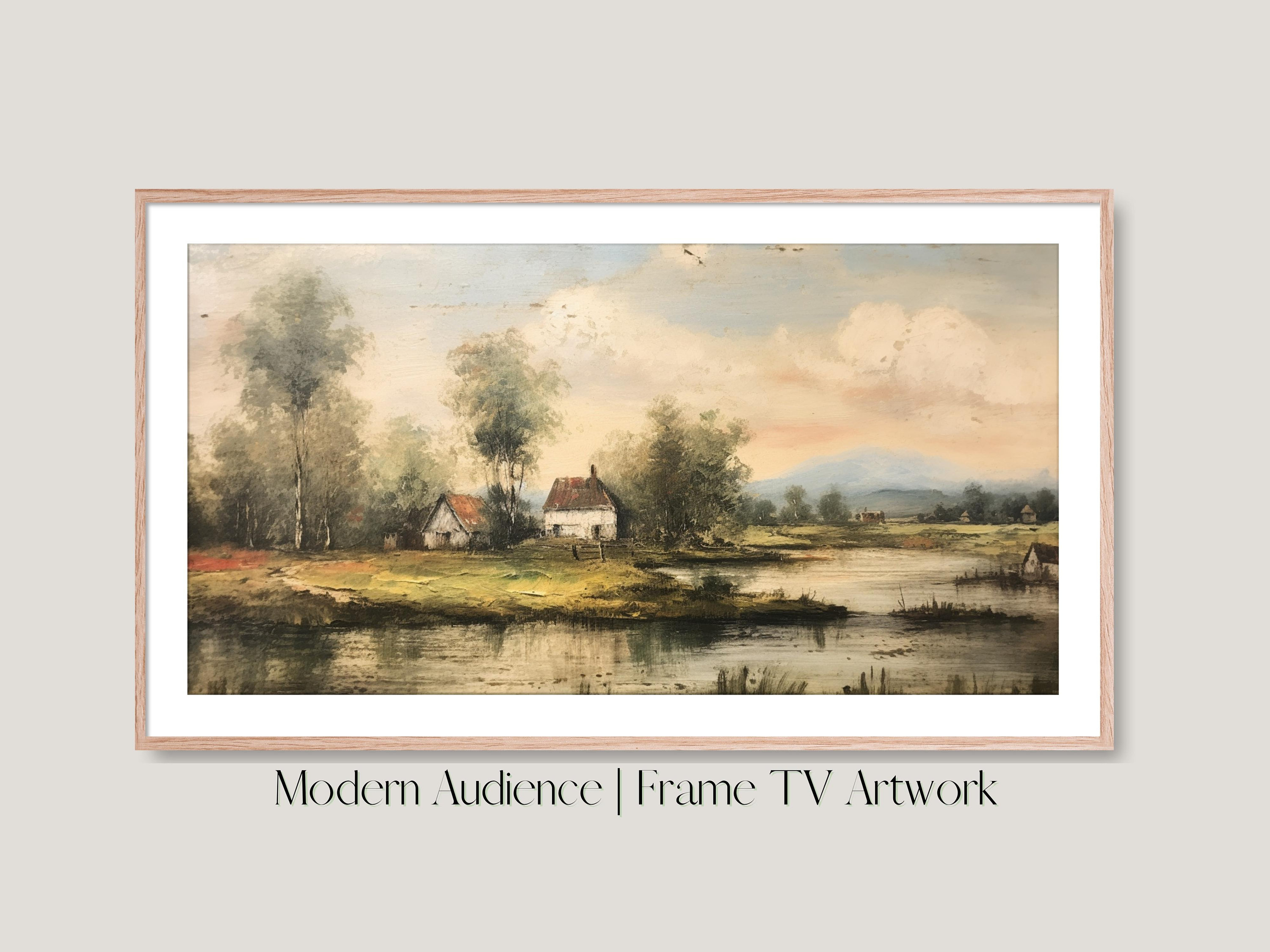 Digital Frame TV Art | Cottage Across The Lake | Modern Audience | Vintage Oil Painting, Digital Download, Cottage Frame TV Artwork,