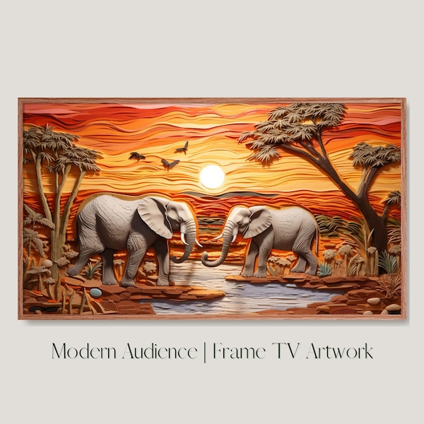 Animal Frame TV Art Elephant Oil Painting Impasto Art Frame TV Artwork Safari Art Textured Artwork Detailed Oil Painting Elephants Drinking