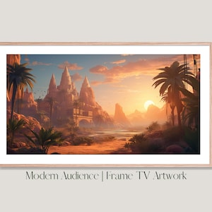 May include: A framed digital artwork showing a desert scene with a castle and palm trees at sunset. The artwork uses warm colours of orange, yellow, and brown. Text at the bottom reads "Modern Audience | Frame TV Artwork."