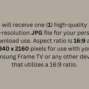 Op de afbeelding: Tekst die de digitale download van een hoge resolutie JPG-afbeelding beschrijft. De afbeelding is 3840 x 2160 pixels en heeft een beeldverhouding van 16:9. Het is geschikt voor gebruik met Samsung Frame-tv's of andere apparaten die een beeldverhouding van 16:9 gebruiken.