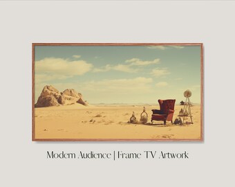 May include: A framed print of a desert landscape with a red armchair, a small table with lanterns, and a windmill in the distance. The text "Modern Audience | Frame TV Artwork" is below the image.
