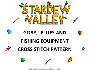 Puede incluir: Un patrón de punto de cruz para Stardew Valley con equipo de pesca, gobios y medusas. El patrón está diseñado por Painted Stitches en Etsy.