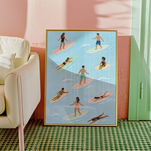Arte mural de playa, póster de surf, impresión oceánica de verano, arte mural de surf, arte surfero, ilustración de surf, póster oceánico, decoración de verano para el hogar, arte moderno