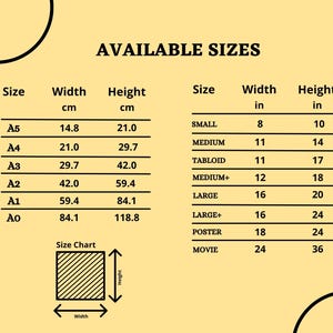 May include: A chart displaying available sizes for prints, posters, or artwork. Sizes are listed in both centimeters and inches, with corresponding widths and heights. The chart includes sizes from A5 to A0 and Small to Movie.