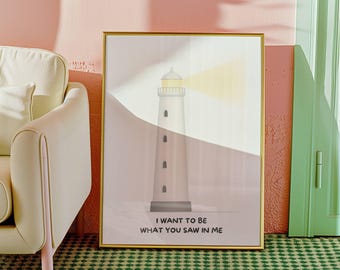 Póster minimalista de faro, arte mural costero, impresiones con citas de amor, arte mural moderno de mediados de siglo, arte inspirado en Banksy, decoración costera para el hogar, póster de playa