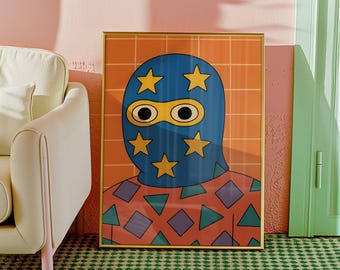 Impresión de arte pop audaz, arte de pared retro, póster gráfico colorido, ilustración moderna, personaje divertido, decoración de pared estética brillante, arte contemporáneo