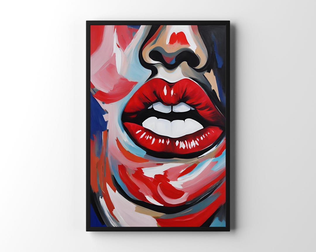 Funky Wall Art Red Lips Print | Woman Portrait Oil Painting Style Pop ...