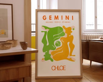 Impresión personalizada del signo zodiacal, regalo astrológico, arte mural del horóscopo, póster personalizado de Géminis, decoración del hogar, regalo astrológico, regalo de cumpleaños