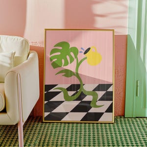 Monstera Poster, Botanische Kunst, Moderne Pflanzenwand, Geschenk für Pflanzenliebhaber, Pflanzen Illustration, Schachbrett Poster, Zimmerpflanze Druck