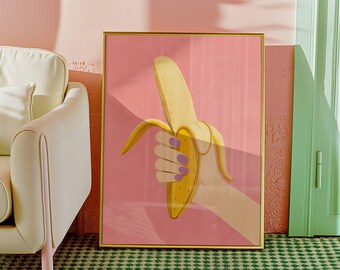 Impresión de plátano, decoración de pared para cocina, póster de frutas, decoración del hogar, arte colorido, arte de pared de frutas, decoración de comedor, póster de comida, arte de pared brillante