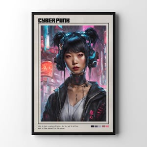 Póster de mujer ciberpunk / Arte mural futurista de ciencia ficción, impresión de paisaje urbano de neón vanguardista, regalo de arte digital urbano para hombres y mujeres.