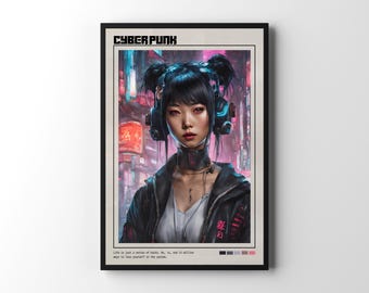 Cyberpunk Woman Poster | Futuristic Sci-Fi Wall Art, Edgy Neon Cityscape Print, Urban Digital Art Gift for Him Men Cyber Punk Wall Art