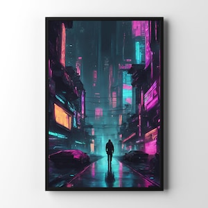 Póster de Cyberpunk World / Arte mural futurista de ciencia ficción, impresión de paisaje urbano de neón vanguardista, regalo de arte urbano para hombres, arte mural cyberpunk del año 2077