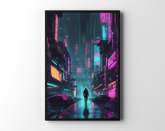Póster de Cyberpunk World / Arte mural futurista de ciencia ficción, impresión de paisaje urbano de neón vanguardista, regalo de arte urbano para hombres, arte mural cyberpunk del año 2077