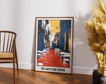 Impresión de arte de pared de café español, póster de calle mediterránea, obra de arte de viaje rústica, cafetería vintage, decoración del hogar, paisaje urbano europeo de verano