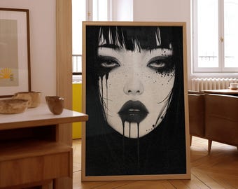May include: Black and white illustration of a woman's face with dripping black paint. The woman has dark hair and dark eyes. The illustration is framed in a wooden frame.