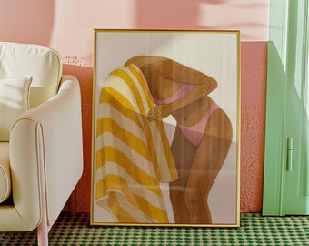 Ilustración de impresión vibrante de verano, arte vibrante, arte exótico de verano, impresión de playa colorida, póster retro, decoración moderna abstracta, arte contemporáneo