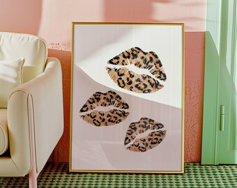 Kiss Aesthetic Art Trendy Poster Design, Cool Wall Art Print For Room Wall art For Bedroom Kitchen, Leopard Print Poster Retro Lips Edgy Art