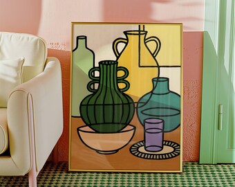 Abstract Modern Art, Wall Decor, Colourful Geometric Wall Art, Modern Home Poster, Vase Poster, Botanical Trendy Wall Art, Aesthetic Kitchen