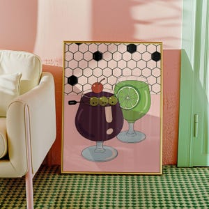 Galeria wydruków Bar Cart Decor Trendy Martini Print Preppy Wall Art Funky Art Home Decor Estetyczny plakat do salonu i kuchni, wydruk koktajlowy