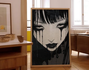 May include: Black and white illustration of a woman's face with dark makeup and black tears running down her cheeks. The background is a dark gray.