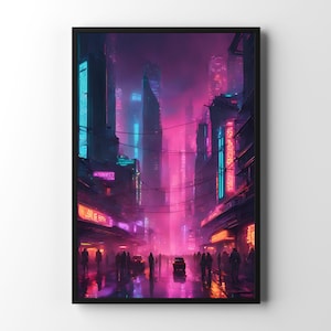 Póster de Cyberpunk World / Arte mural futurista de ciencia ficción, impresión de paisaje urbano de neón vanguardista, regalo de arte urbano para hombres, arte mural cyberpunk del año 2077
