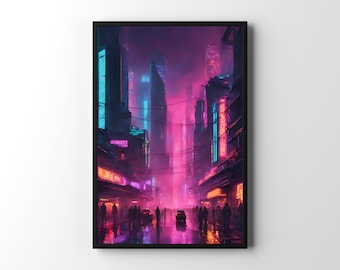 Póster de Cyberpunk World / Arte mural futurista de ciencia ficción, impresión de paisaje urbano de neón vanguardista, regalo de arte urbano para hombres, arte mural cyberpunk del año 2077
