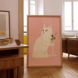 Kat martini-afdruk, eigenzinnig decor barwagen, wijnposter, cocktailmuurkunst, barkeuken, eetkamer decor, cadeau kattenliefhebber, kattenposter, keukenkunst