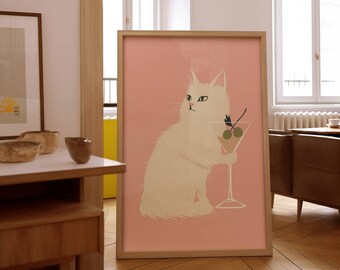 Cat Martini Print, Quirky Bar Cart Decor, Wine Poster, Cocktail Wall Art, Bar Kitchen Dining Decor, Cat Lover Gift, Cat Poster, Kitchen Art