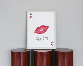 Vintage Kiss Lips Ace of Hearts Card Art Print | Trendy Playing Card Poster Retro Mid-Century Modern Home Decor for Bar Kitchen Bedroom Gift