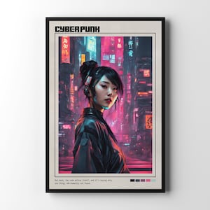Póster de mujer ciberpunk / Arte mural futurista de ciencia ficción, impresión de paisaje urbano de neón vanguardista, regalo de arte urbano para hombres y mujeres, arte mural ciberpunk en blanco y negro.