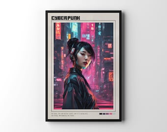 Cyberpunk Woman Poster | Futuristic Sci-Fi Wall Art, Edgy Neon Cityscape Print, Urban Art Gift for Him Men Cyber Punk Wall Art Black White