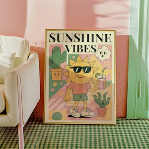Sunshine Vintage Print, Illustration Poster, Retro Sun Cartoon, Wall Art Décor, Trendy Wall Art, Modern Pastel Art, Summer Home Art, Plants