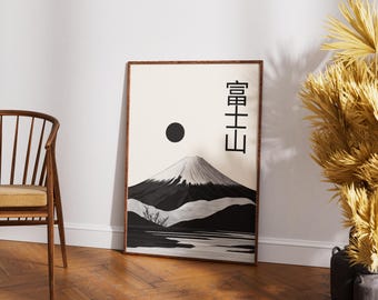Mount Fuji Wall Art Print Japanse minimalistische poster zwart-wit Japan artwork Zen Mountain decor moderne Aziatische landschap print cadeau-idee
