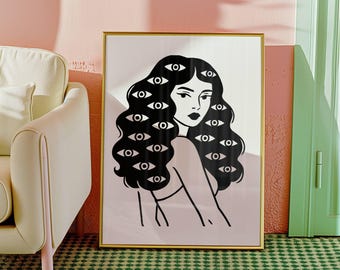 Ilustración psicodélica, decoración del hogar, pósteres únicos, decoración de pared para el hogar, impresión de arte minimalista, impresiones de dormitorio de moda, arte de pared femenino, impresión de arte Illuminati