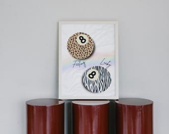 Impresión artística de billar de 8 bolas con estampado de leopardo y cebra, póster de billar moderno de moda, decoración retro de mediados de siglo para el hogar, bar, cocina, dormitorio, idea de regalo