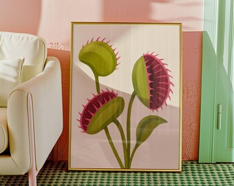 Póster de Venus atrapamoscas, arte botánico, arte mural moderno con plantas, regalo para amantes de las plantas, ilustración de plantas, póster de tablero de ajedrez, impresión de plantas de interior